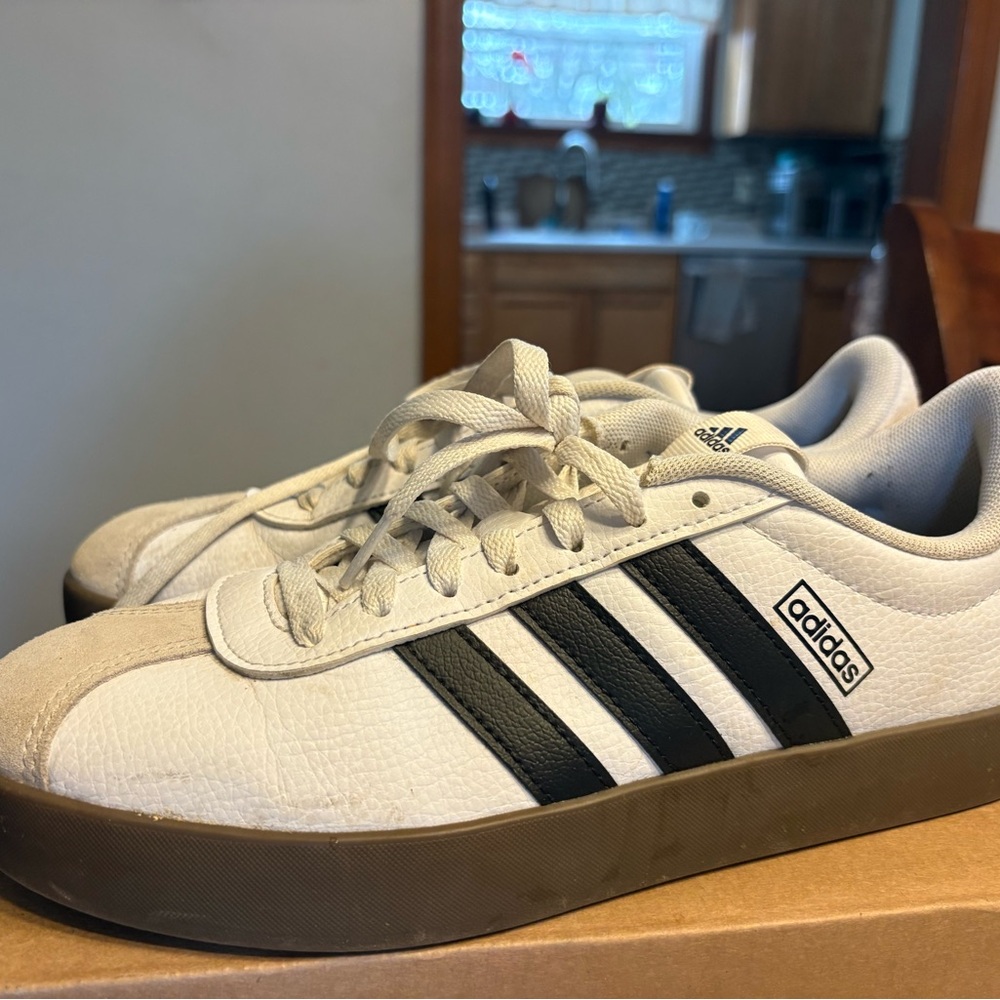Adidas Men's White Sneakers with Black Stripes and Brown Sole